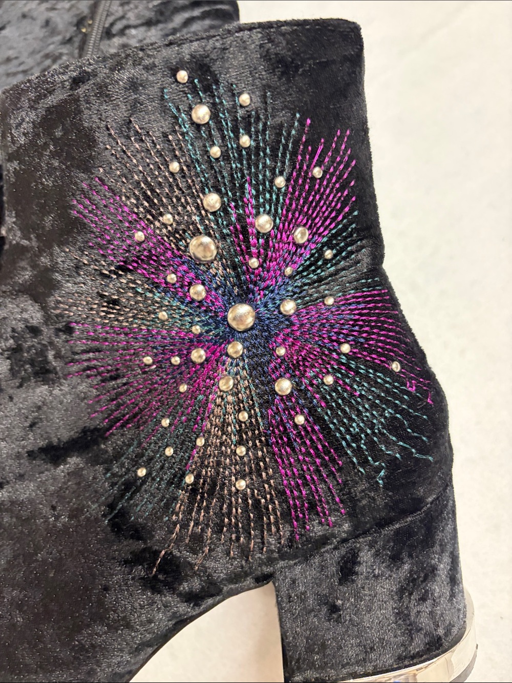 Design Lab Lord & Taylor Black Velvet Ankle Boots Purple&Teal studded Embroidery - Picture 10 of 10